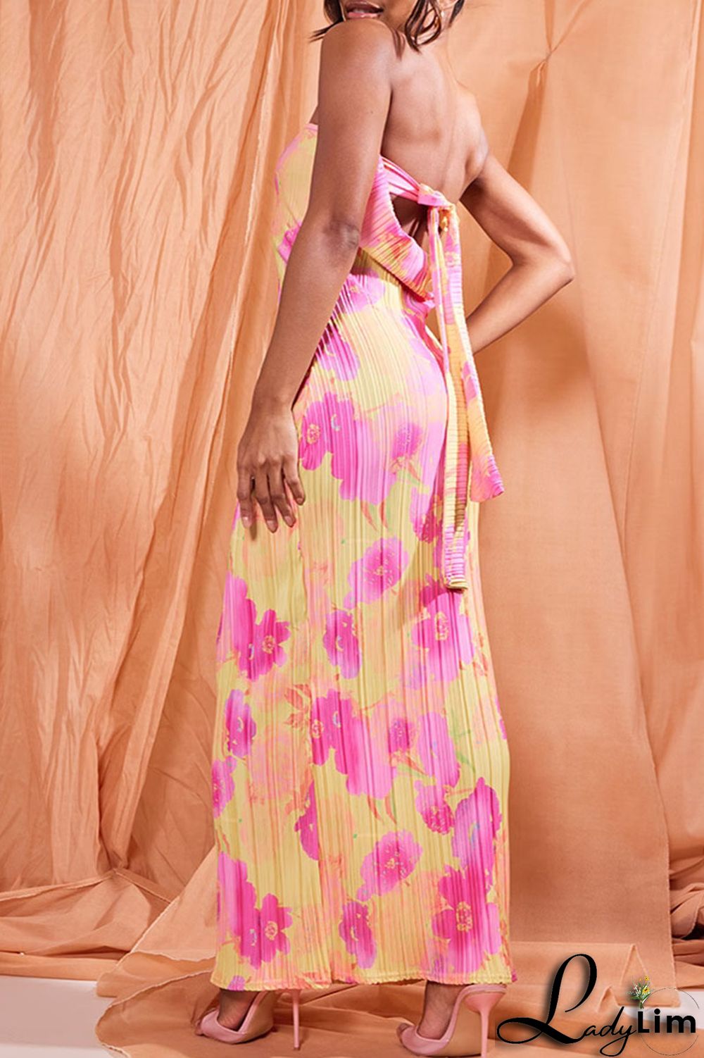 Tangerine Sexy Print Patchwork Fold Strapless Pencil Skirt Dresses