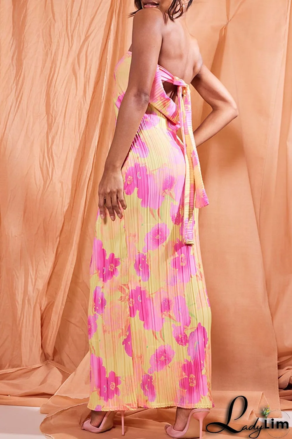 Tangerine Sexy Print Patchwork Fold Strapless Pencil Skirt Dresses