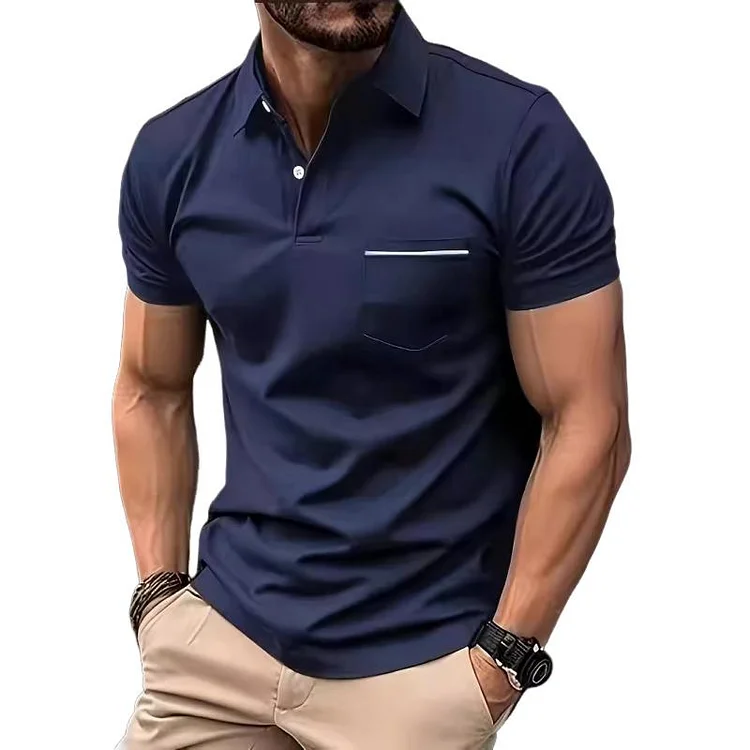 Men's Solid Color Button-Down Lapel Chest Pocket Short-Sleeved Polo Shirt 17634325Y