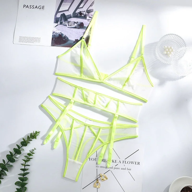 Yimunancy 3-Piece Lace Bra Set Women Transparent Bra + Panty Underwear Set Ladies Sexy Lingerie Set
