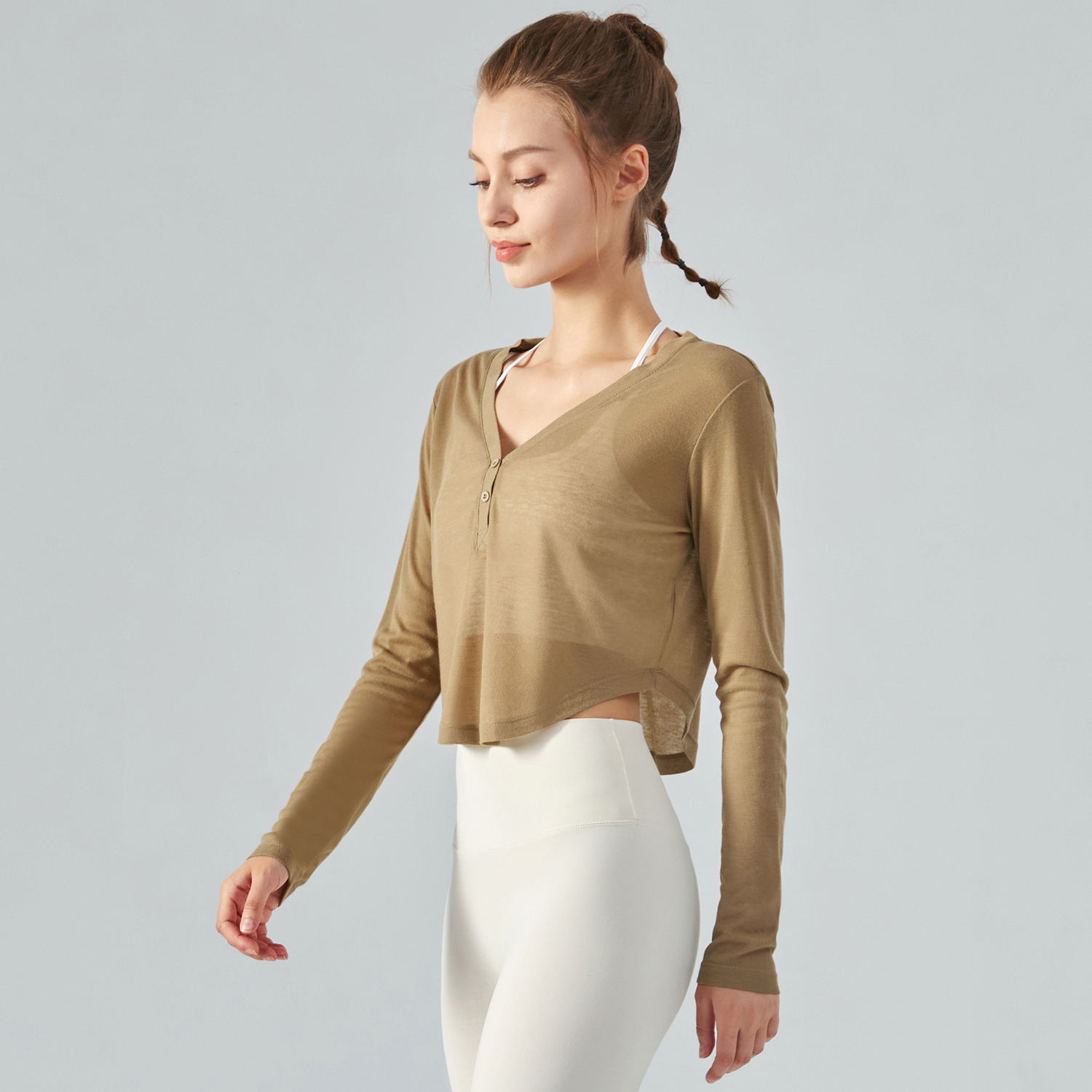 Buy Hergymclothing Khaki Brown v neck loose button lightweight thin see through running shirt at an affordable price