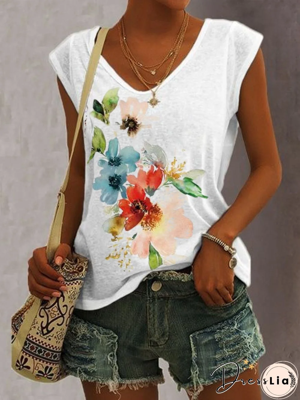 Floral V Neck Loosen Casual Short Sleeve T-Shirt