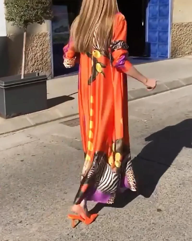 Stylish Long Sleeve Printed Shirt Dress