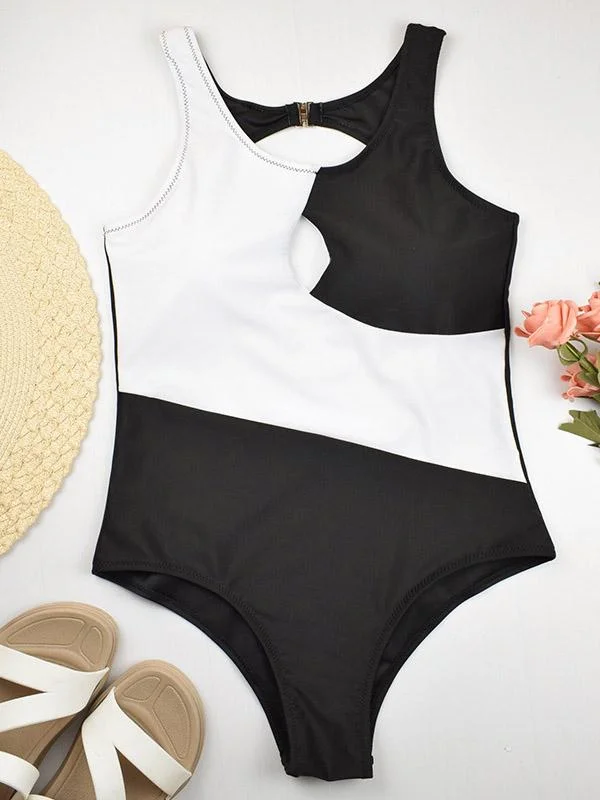Contrast Color Hollow One-Piece Swimsuit