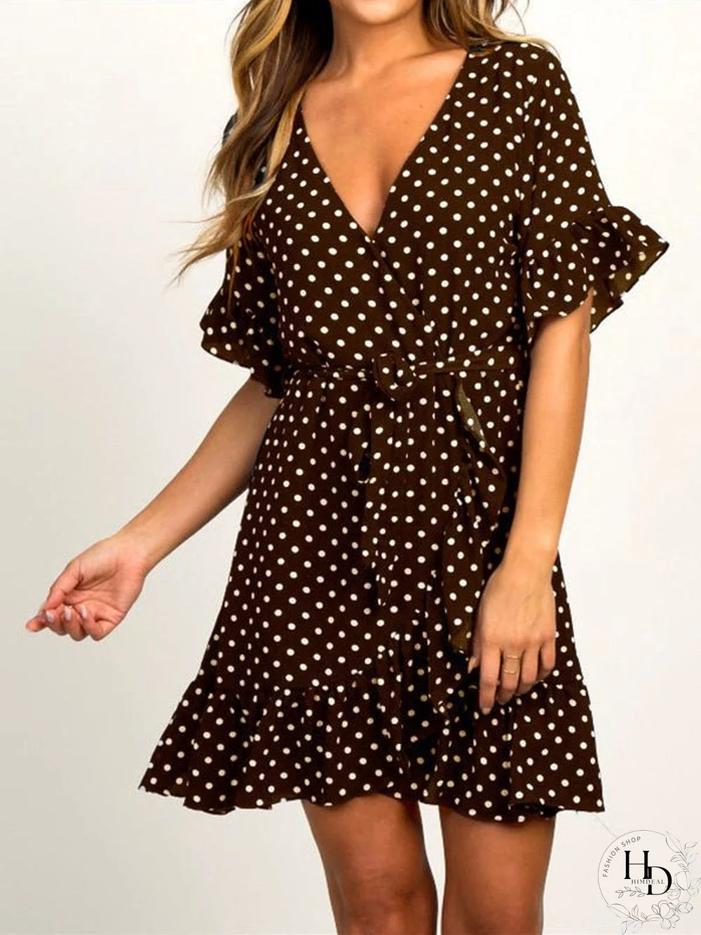 Women'S Dresses V-Neck Short Sleeve Polka Dot Belted Ruffle Dress