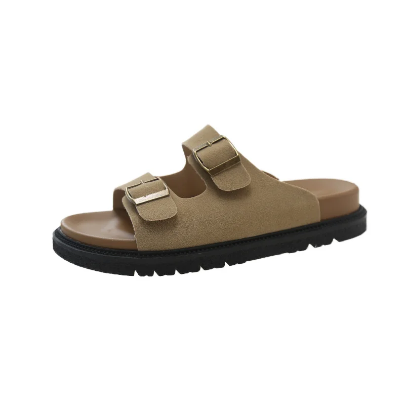 Yyvonne Shoes Casual One Word Slipper Women's Summer 2024 New Boken Wearing A Thick Belt Buckle Flat Half Slippers