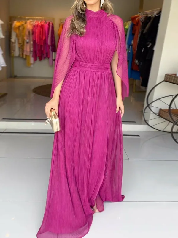 Pleated Solid Color Sleeveless Round-Neck Maxi Dresses