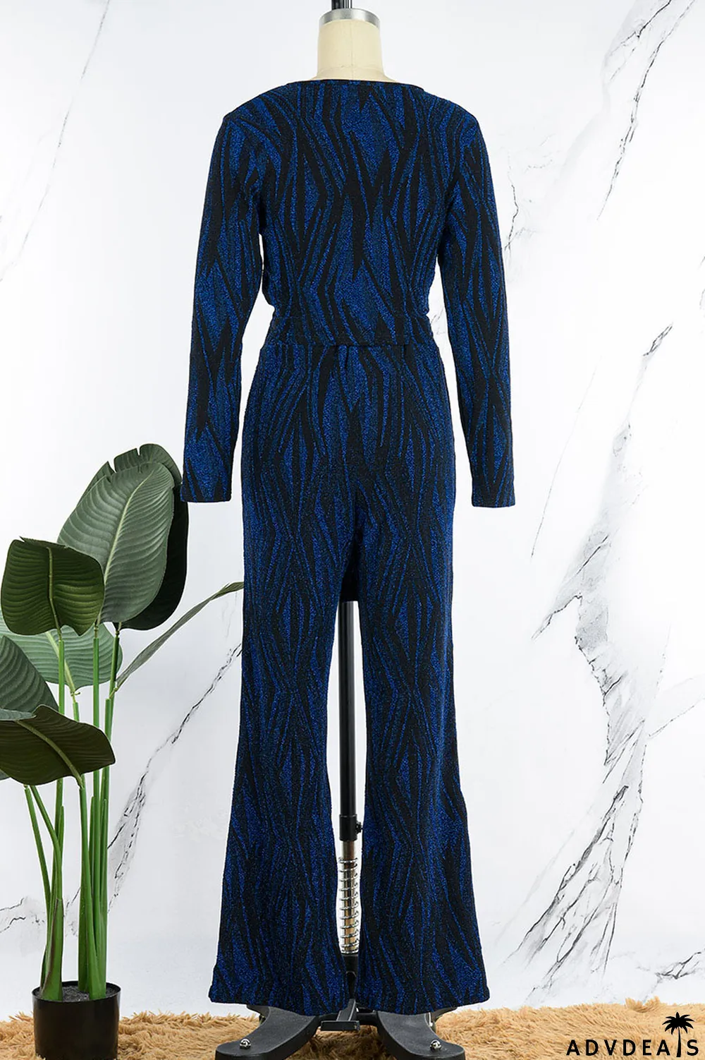 Black Sexy Print Bandage Patchwork V Neck Long Sleeve Two Pieces