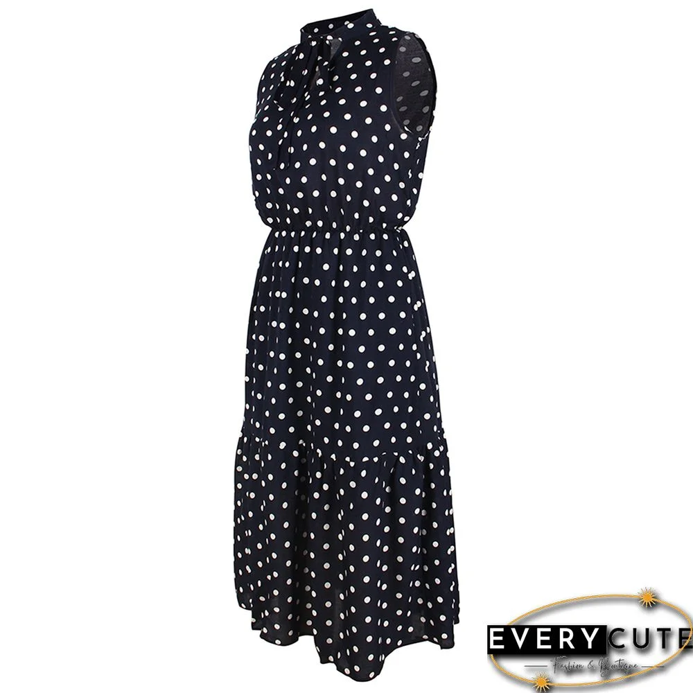 Navy Blue Polka Dot Sleeveless Fashion Dress