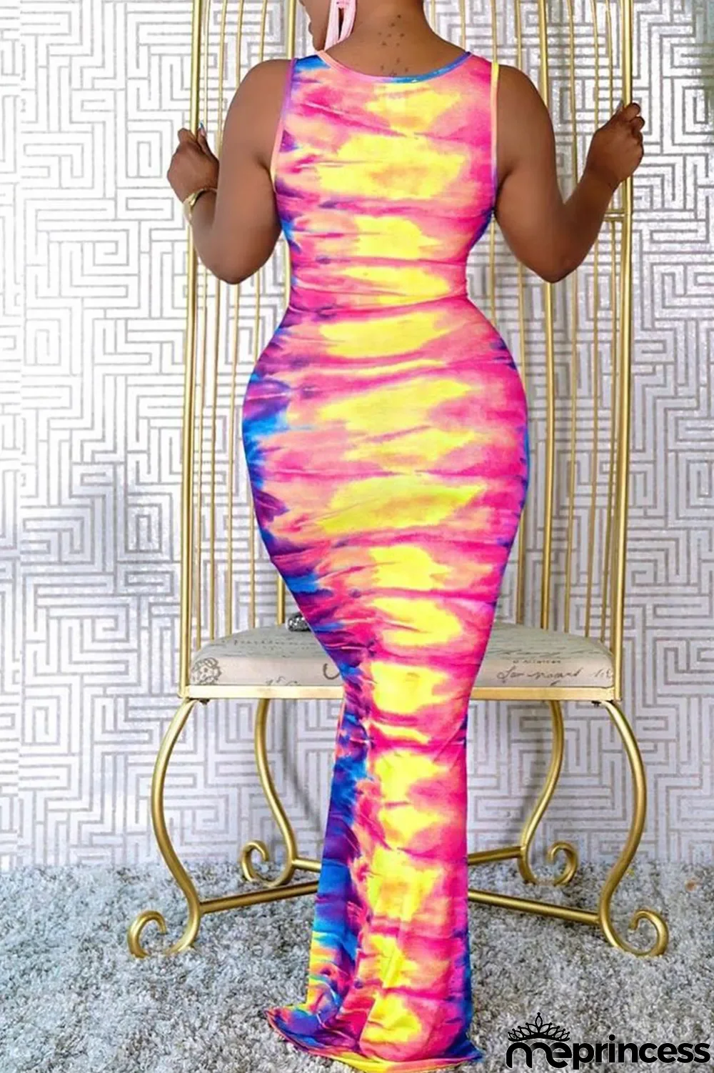 Multicolor Sexy Print Hollowed Out Patchwork O Neck One Step Skirt Dresses