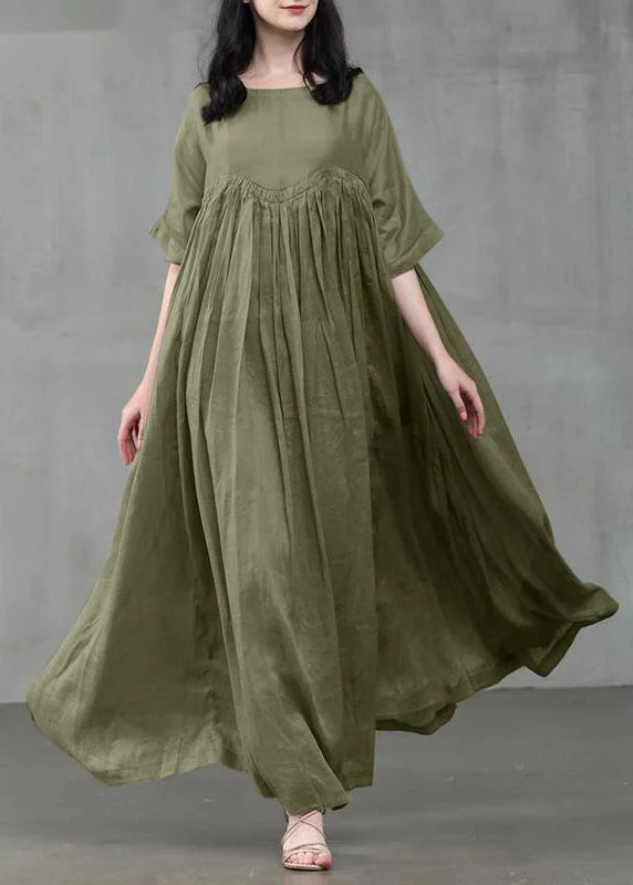 Loose Green Patchwork Wrinkled cotton blend Maxi Dress Short Sleeve