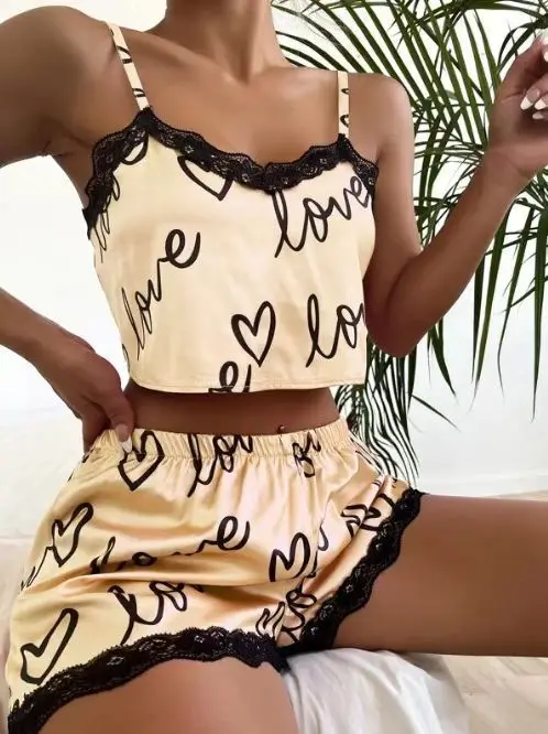 Akayes 1 Set Women'S Pajama Shorts Suit Homewear Print Underwear Pijama Sexy Lingerie Camisoles Tanks Nighty Ladies Sleepwear Women