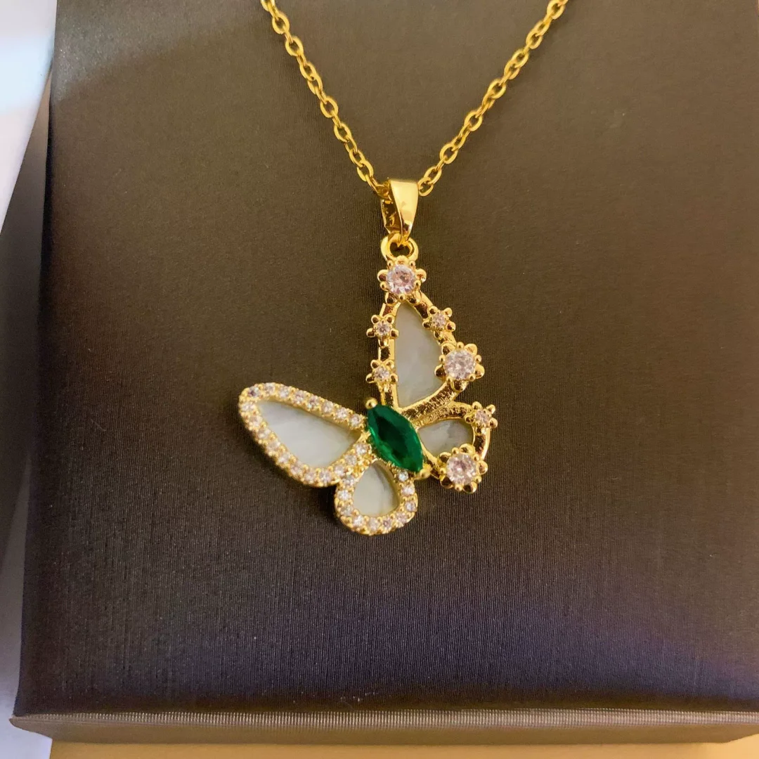 Shell Emerald Zirconia Butterfly Gold-Plated Necklace