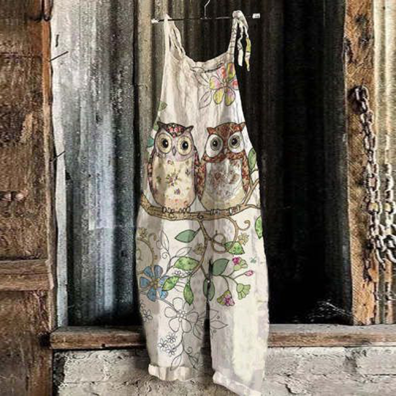 Comstylish Women's Floral Owl Print Loose Casual Jumpsuit