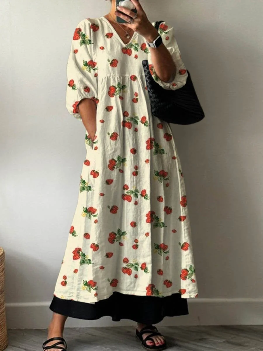 Women's Vintage Lovely Strawberry Art Print Pocket V-neck Cotton Dress