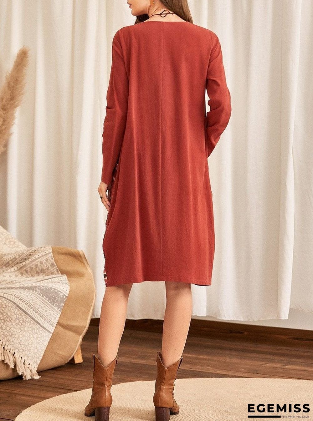 Color Striped Print Stitching Woven Casual Loose Round Neck Dress | EGEMISS