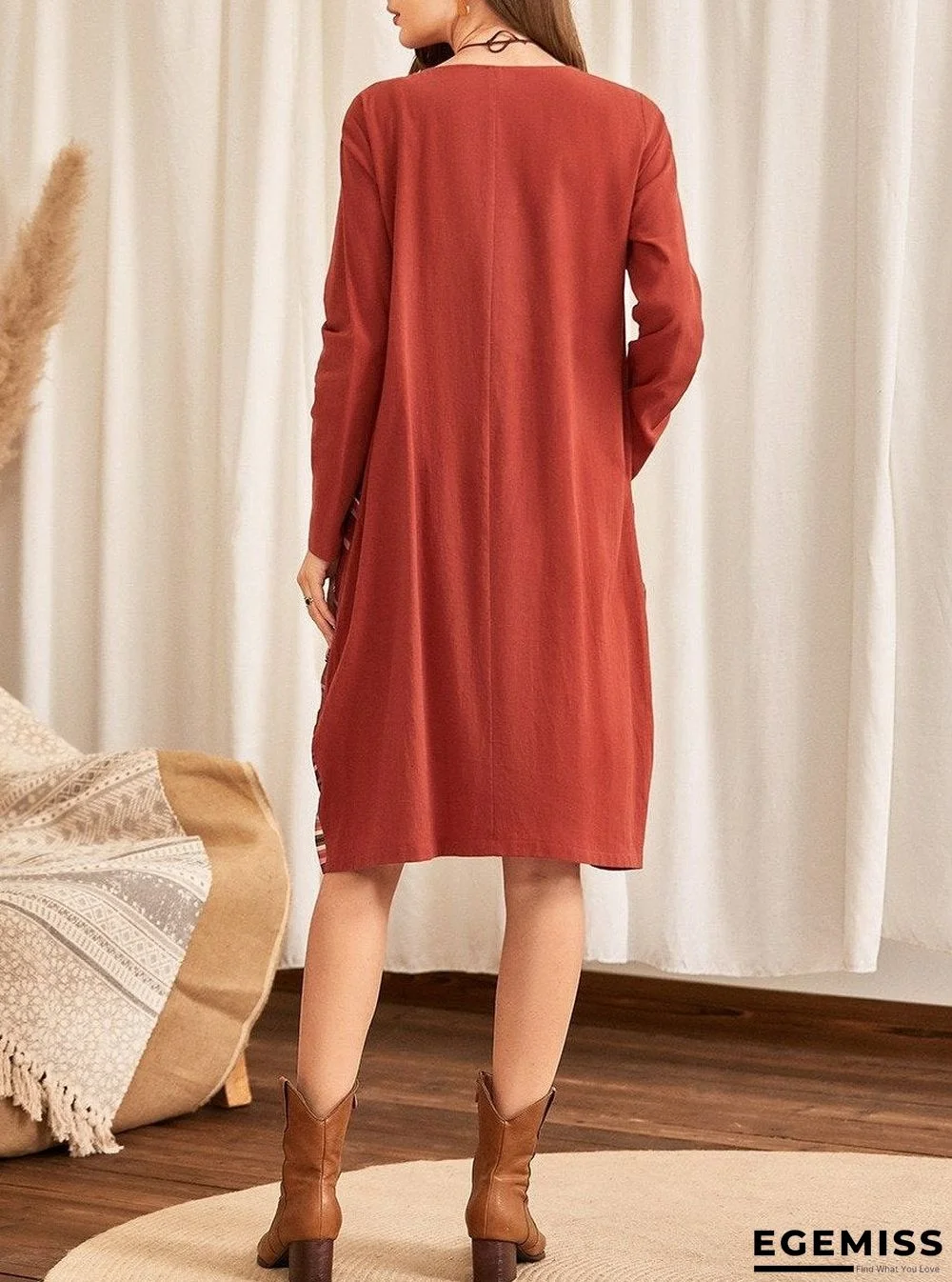 Color Striped Print Stitching Woven Casual Loose Round Neck Dress | EGEMISS