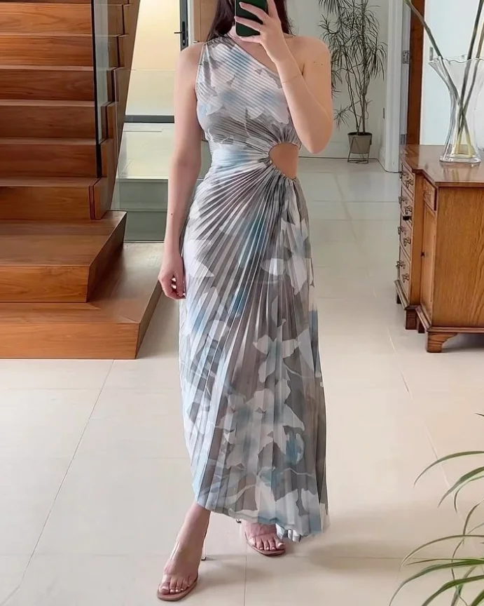 one-shoulder pleated print dress