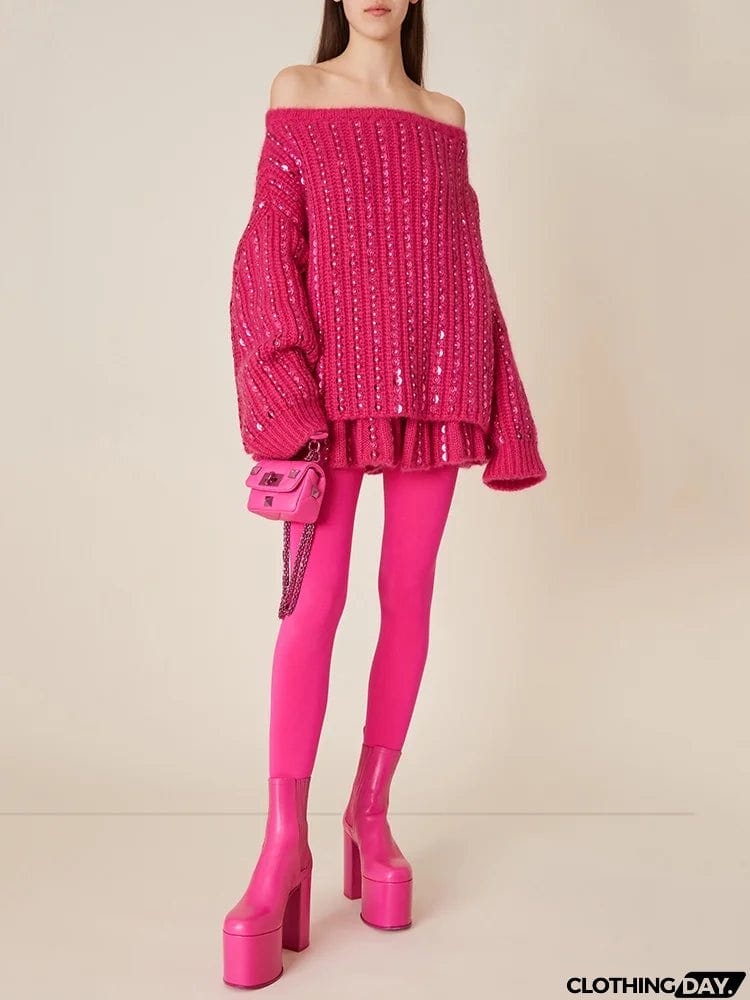 Batwing Sleeves Loose Ruched Shiny Off-The-Shoulder Sweater Tops