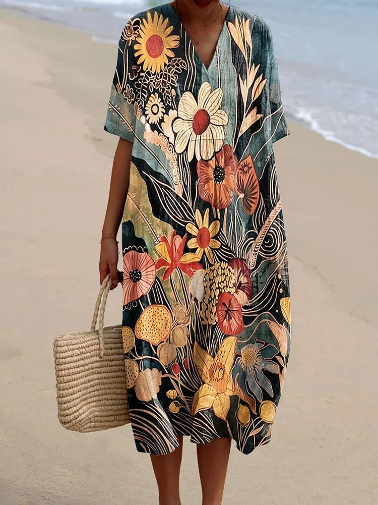 Women's Vintage Flower Art Print Flowy Dress