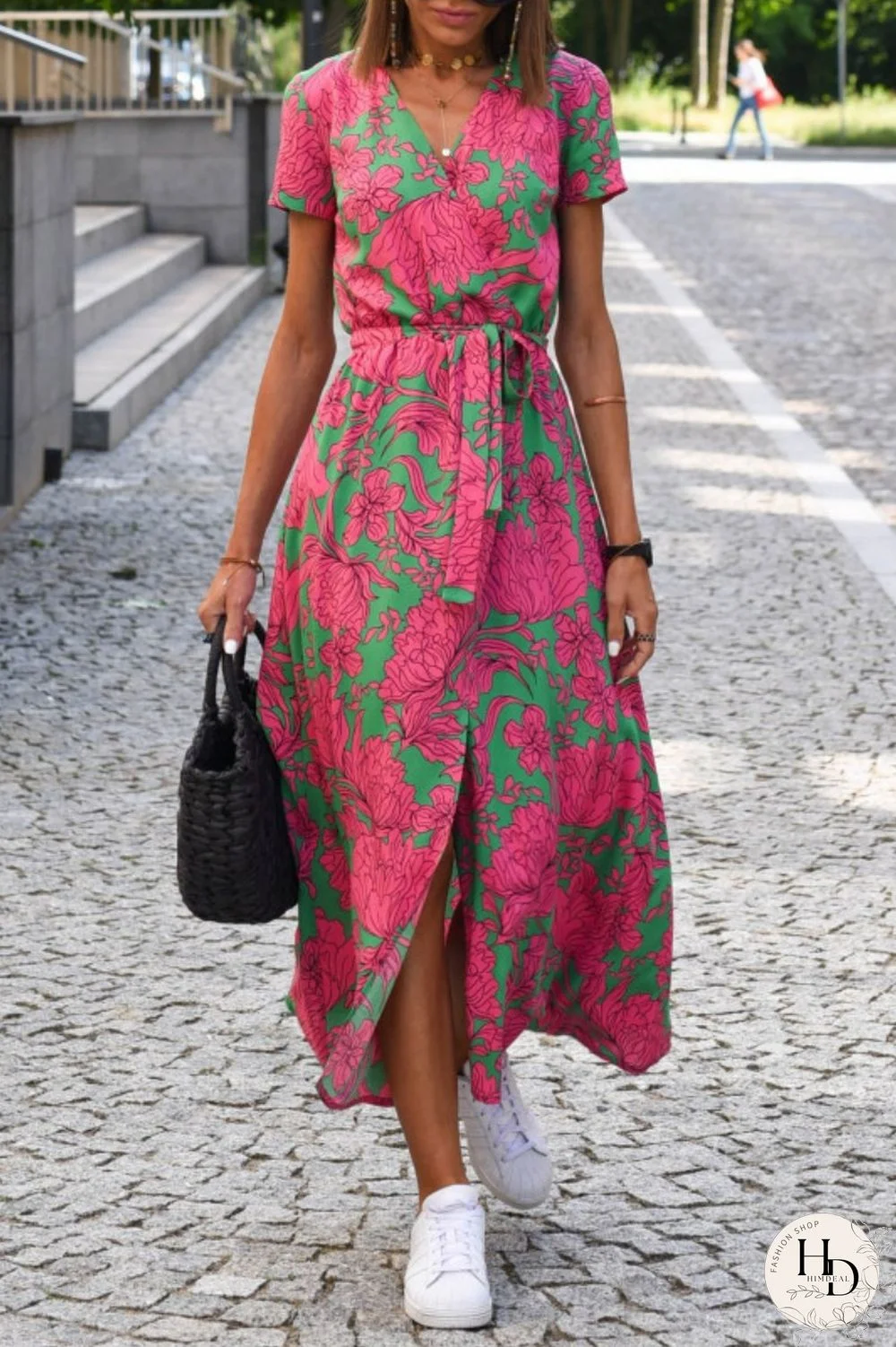 Pink Casual Print Patchwork V Neck Short Sleeve Dress Dresses