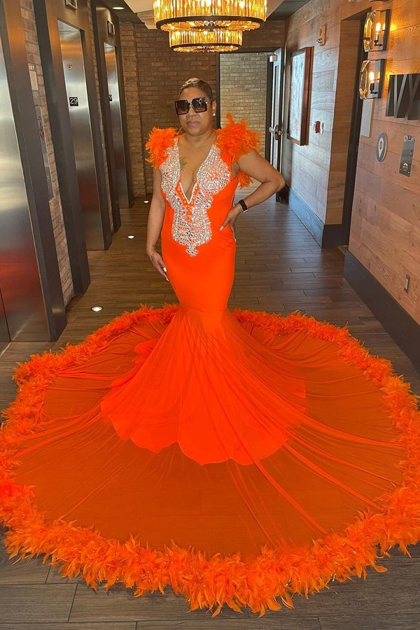 Dresseswow Orange Crystal Prom Dress Mermaid V-Neck With Feathers