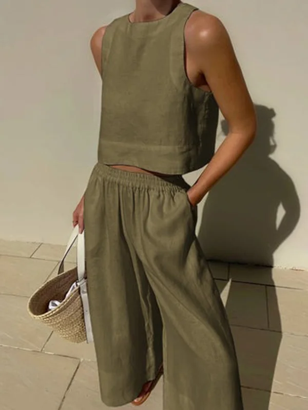Solid Color Round-Neck Sleeveless Vest + Elasticity Wide Leg Pants Two Pieces Set