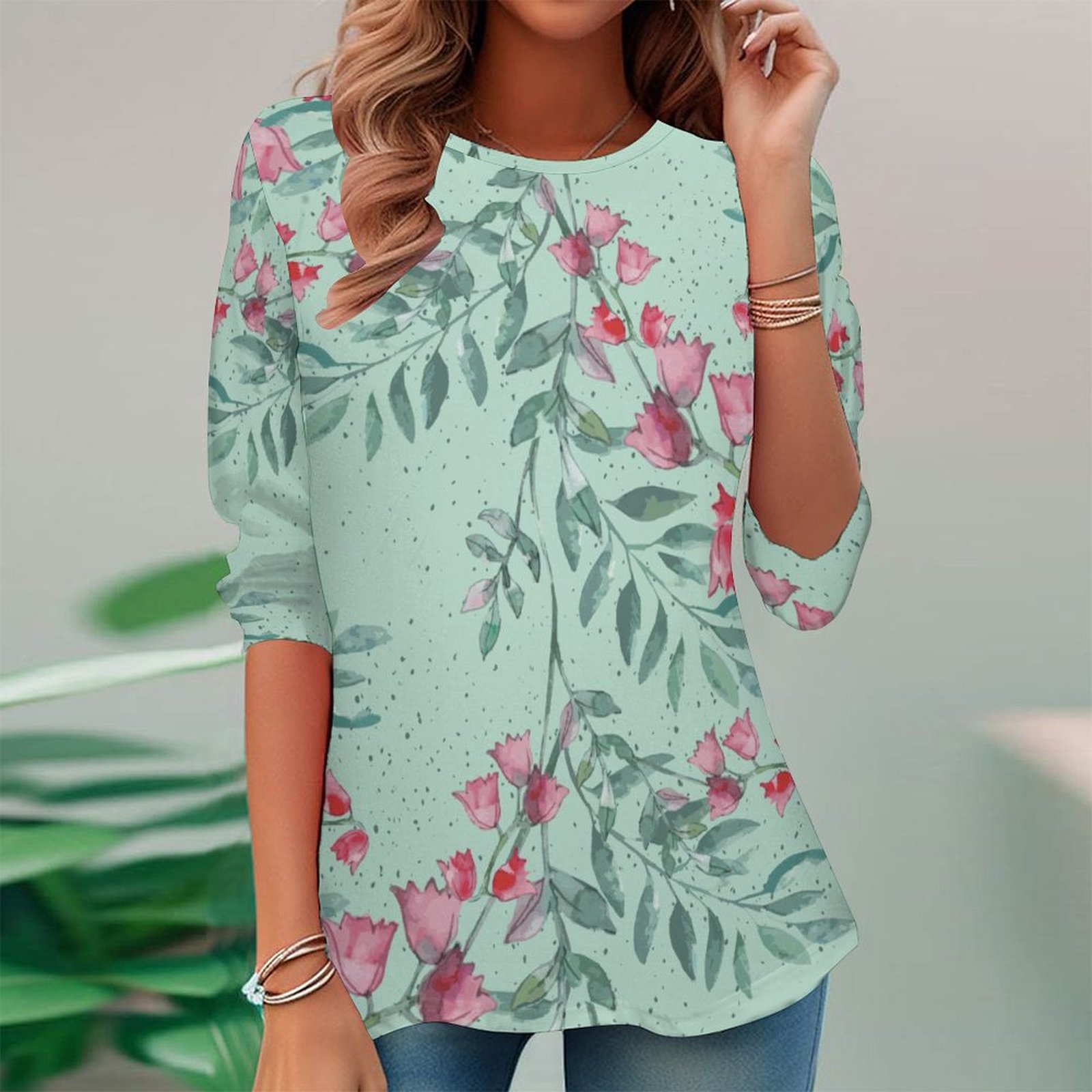 Women Long Sleeve V-neck Graphic Floral Printed Top