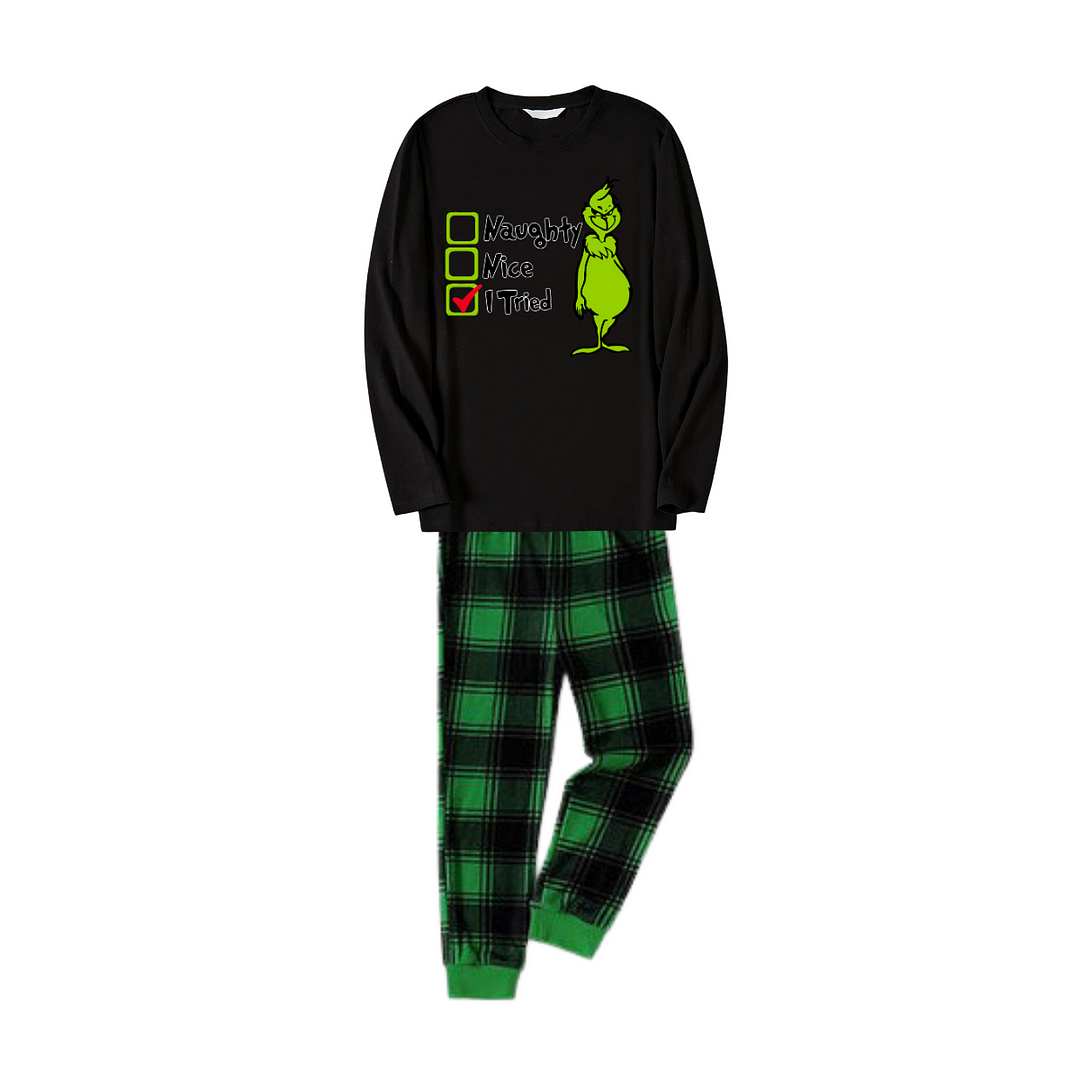 Christmas Cartoon Pattern and Text Print Black Long Sleeve Top with Green and Black Plaid Family Matching Pajamas