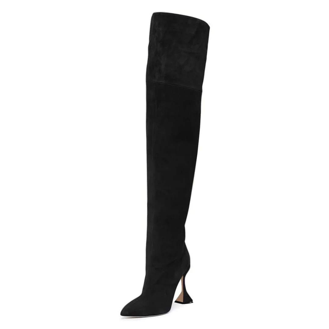 Pointed Toe Pull-On Flared Heel Over-The-Knee Boots in Black