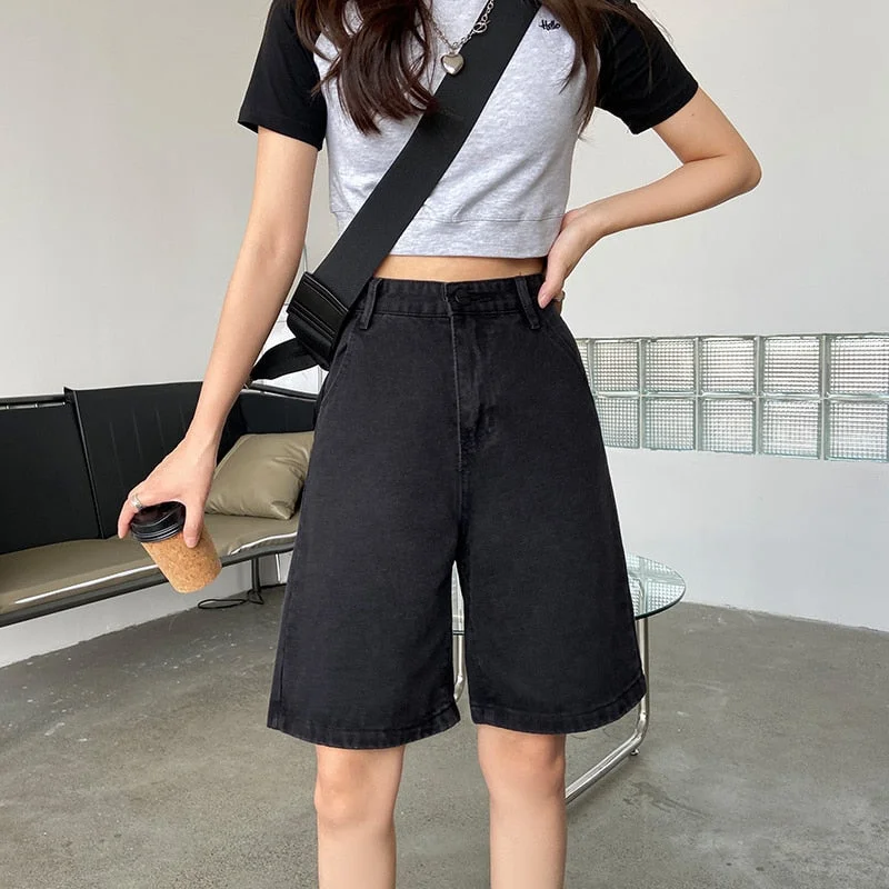 Ailegogo New Summer Women High Waist Wide Leg Black Denim Shorts Casual Female Loose Straight Button Jeans Bermuda Shorts