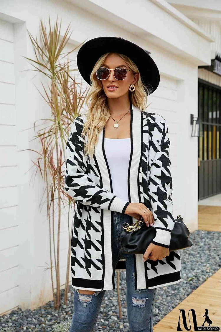 Houndstooth Open Front Longline Cardigan