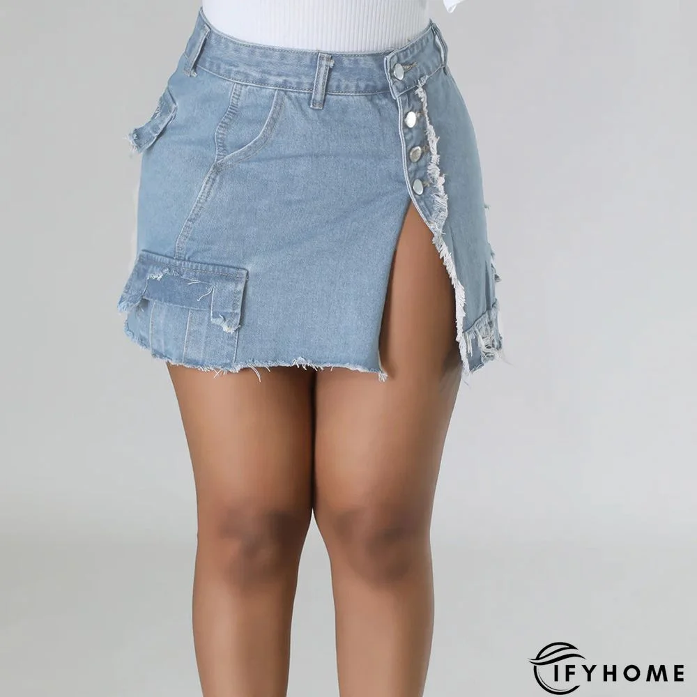 Denim Wash Pocket Slit Fringed Skirt | IFYHOME