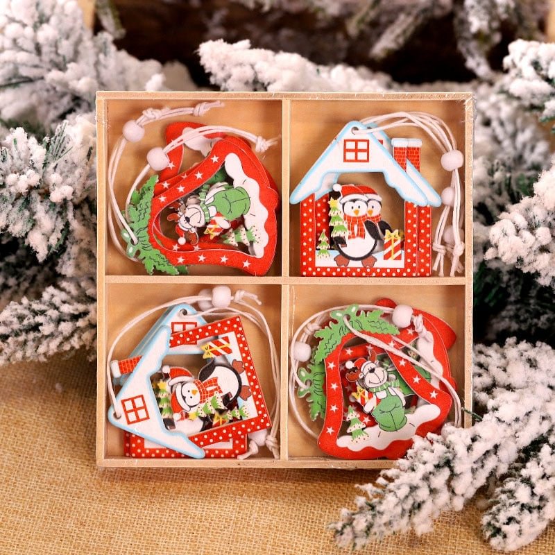 12Pcs Christmas Snowflakes Wooden Pendants Xmas Tree Ornaments Home Hanging Decor Christmas Decorations for Home Navidad 2021
