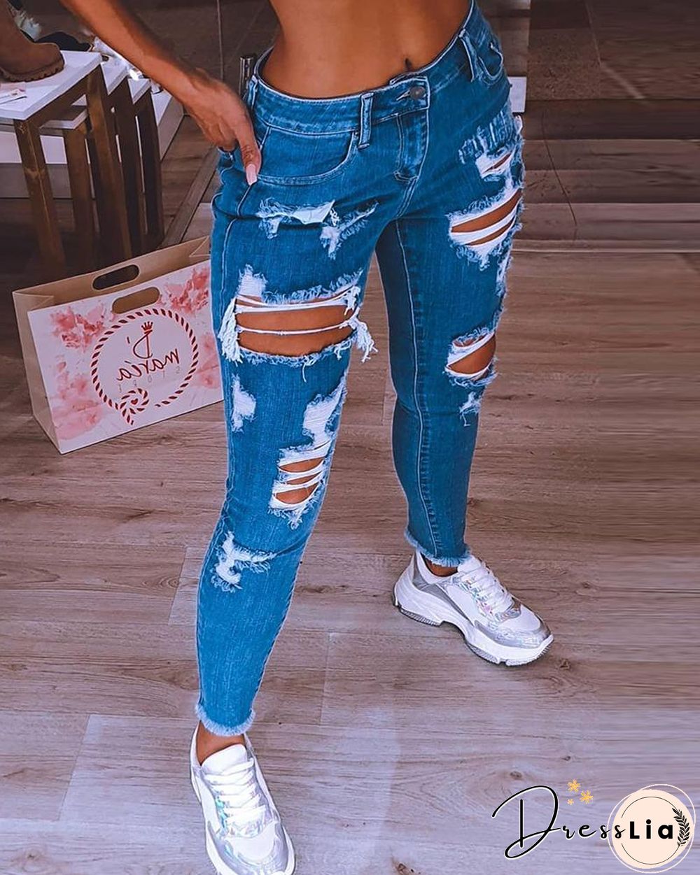 Cutout Fringe Hem Denim Pants