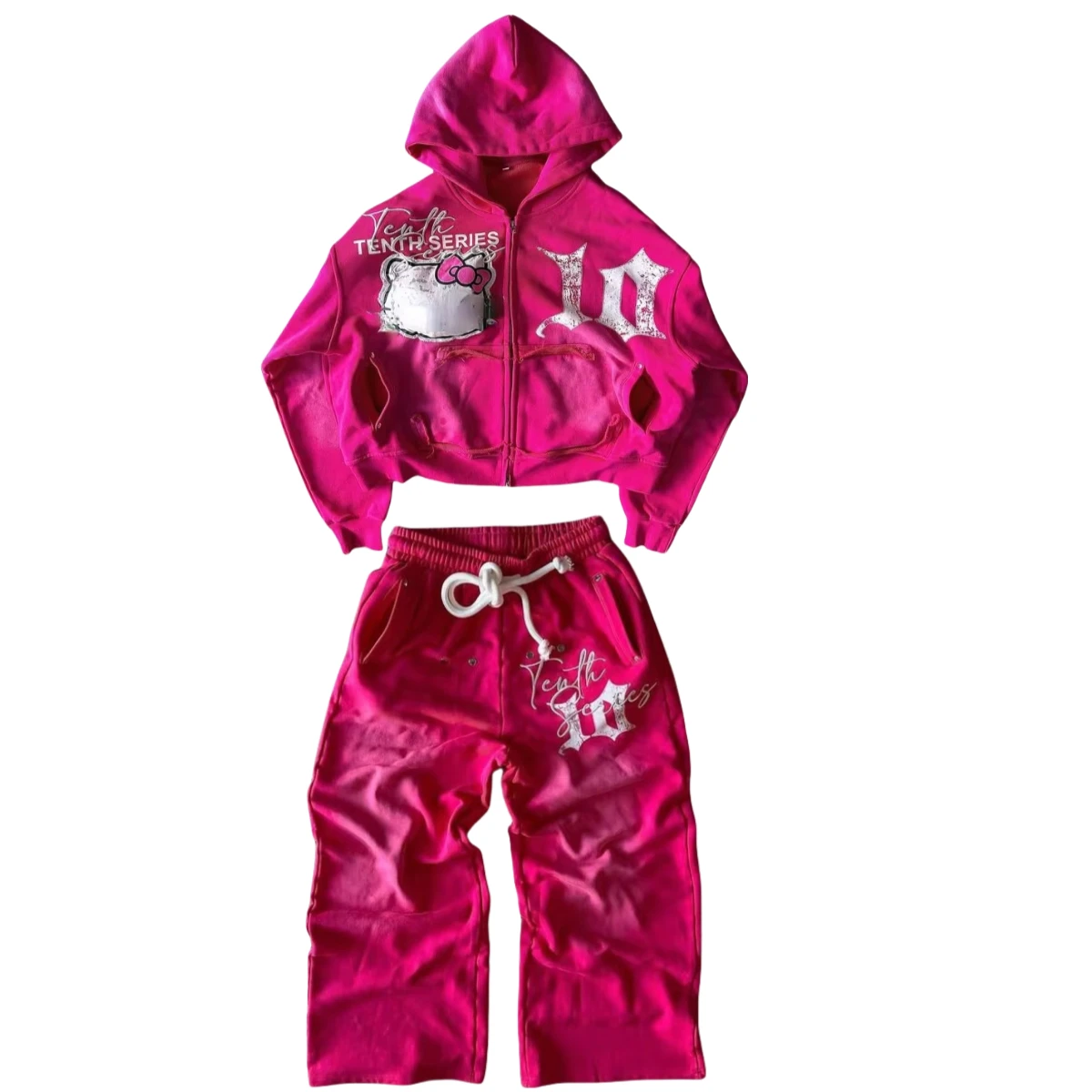 Spinkrin Casual Outfits Spring: Y2K Embroidered Letter Pink Hoodie Set  