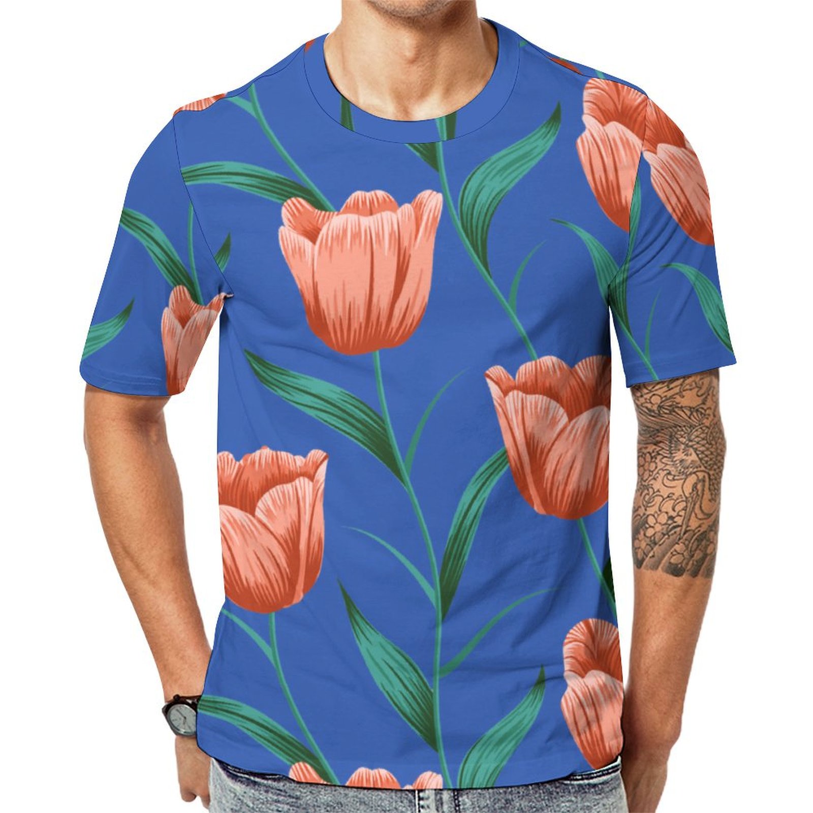 Earthtone Green Pink Color Tulips Short Sleeve Print Unisex Tshirt Summer Casual Tees for Men and Women Coolcoshirts