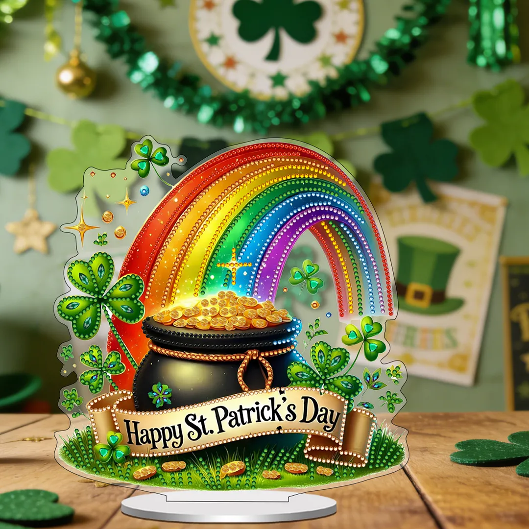 2D Flat DIY Happy St Patricks Day Diamond Painting Tabletop Ornaments Kit Special Shape Crystal Art Craft Decoration Single Side Drill for Living Room Home Office
