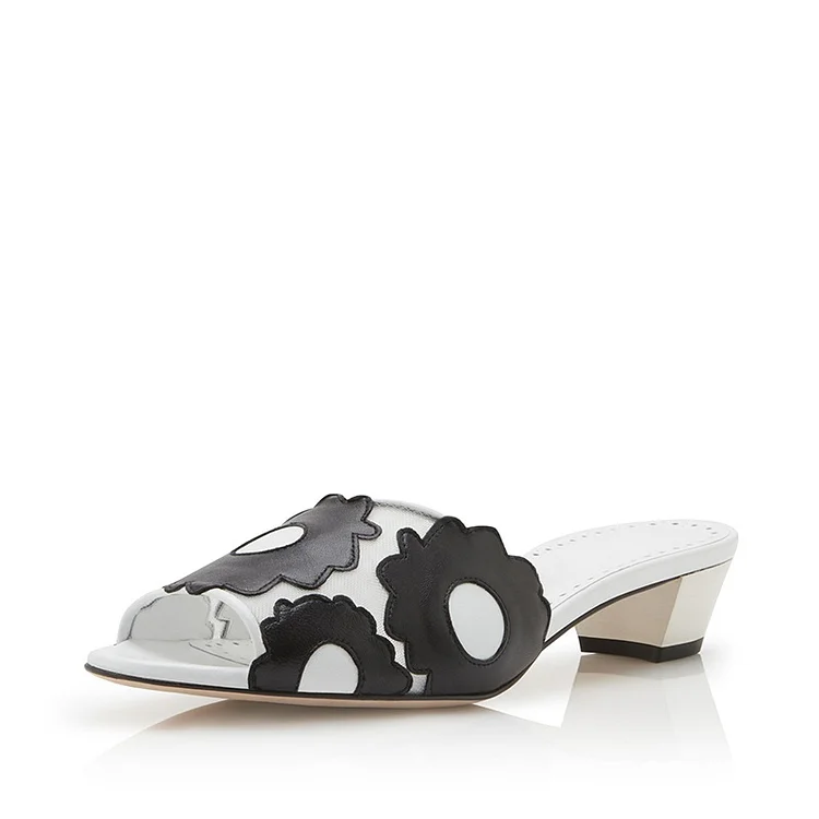 White and Black Flower Low Heel Mules Shoes |FSJ Shoes