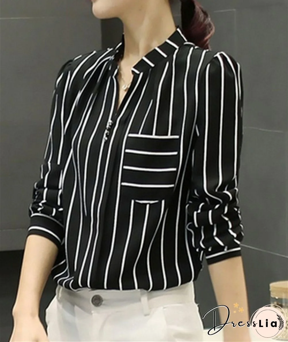 Women Blouses Plus Size Temperament Thin Long Sleeved Shirt Pocket Lapel Loose Chiffon Top