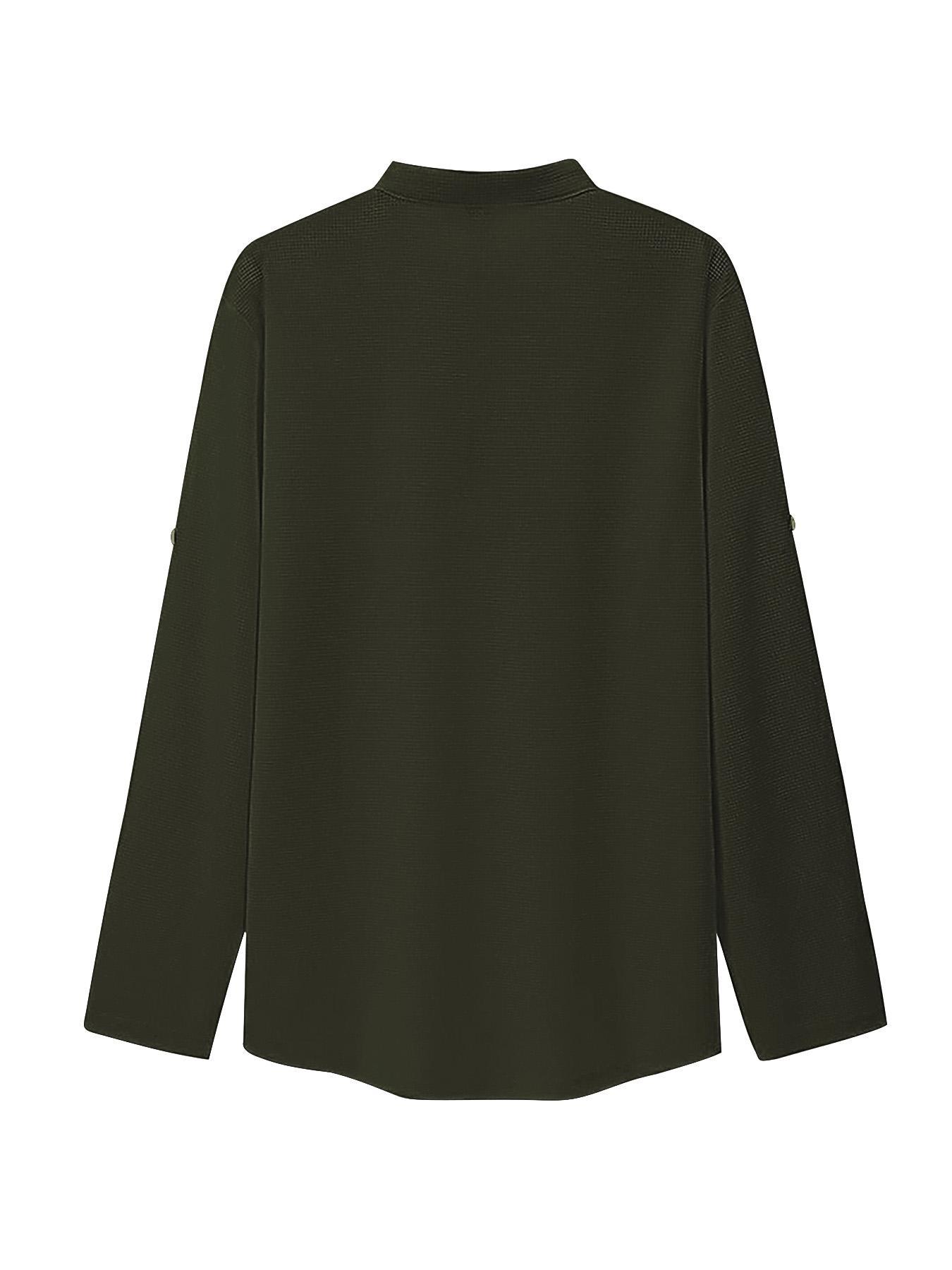 Men's Regular Fit Solid Color Waffle-knit Jacquard Long Sleeve Tee, Casual Comfy Button-front Shirt with Roll-Up Sleeves, Stylish Everyday Wear for Modern, Tops