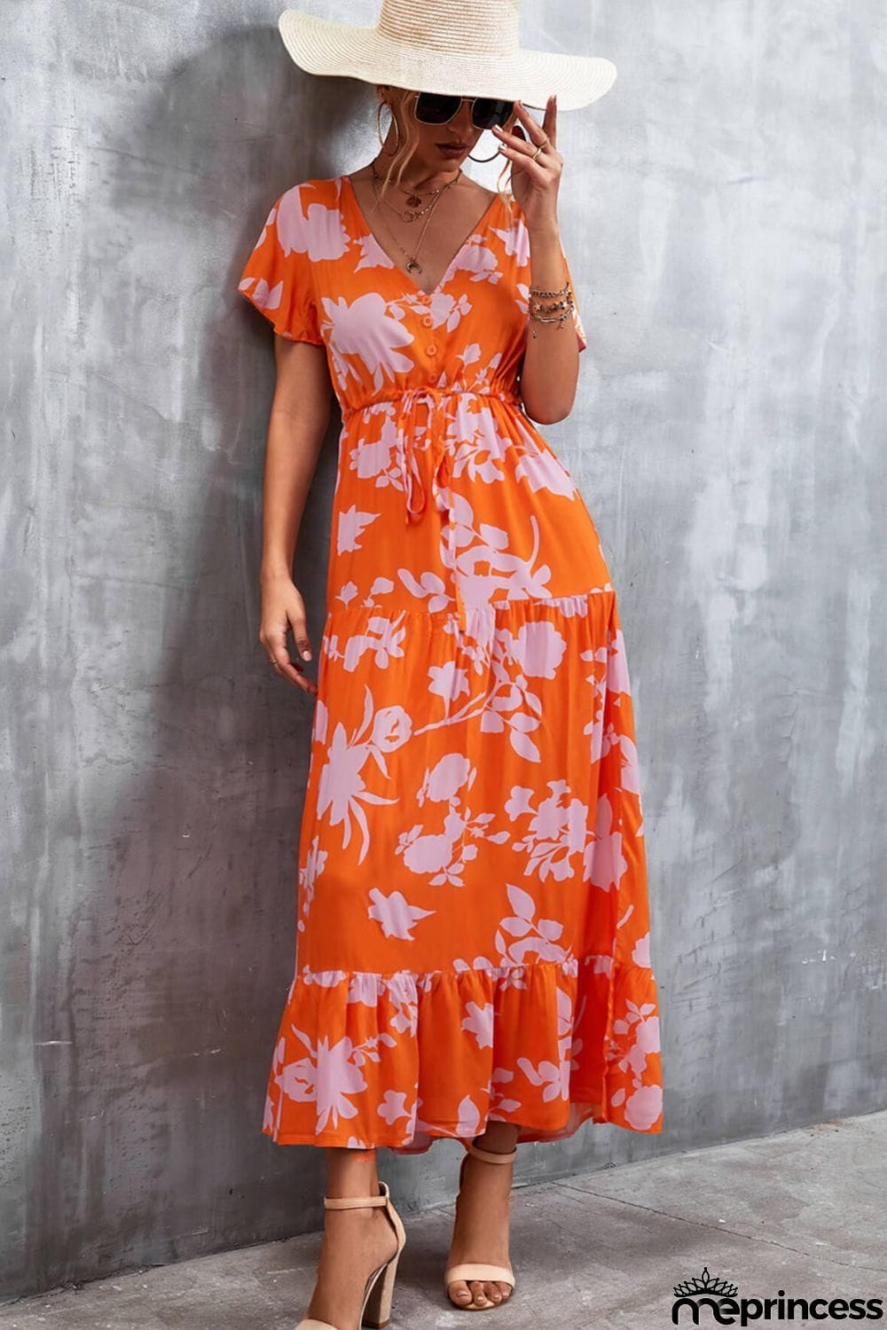 Floral Buttoned Drawstring Waist Tiered Dress