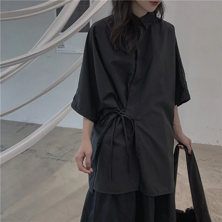 Dawfashion Techwear Streetwear-Japanese Dark Wind Tied Loose Short-sleeved Shirts-Streetfashion-Darkwear-Techwear