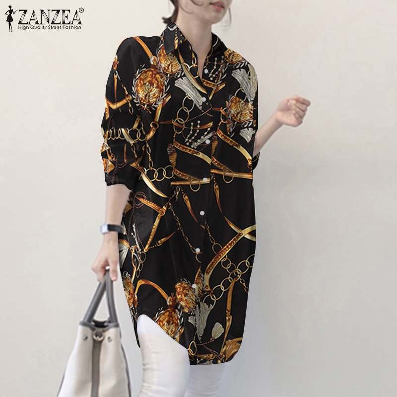 ZANZEA Fashion Shirts Autumn Womens Printed Blusas Vintage Oversized Long Sleeve Tunic Female Lapel Chemise Office Casual Blouse