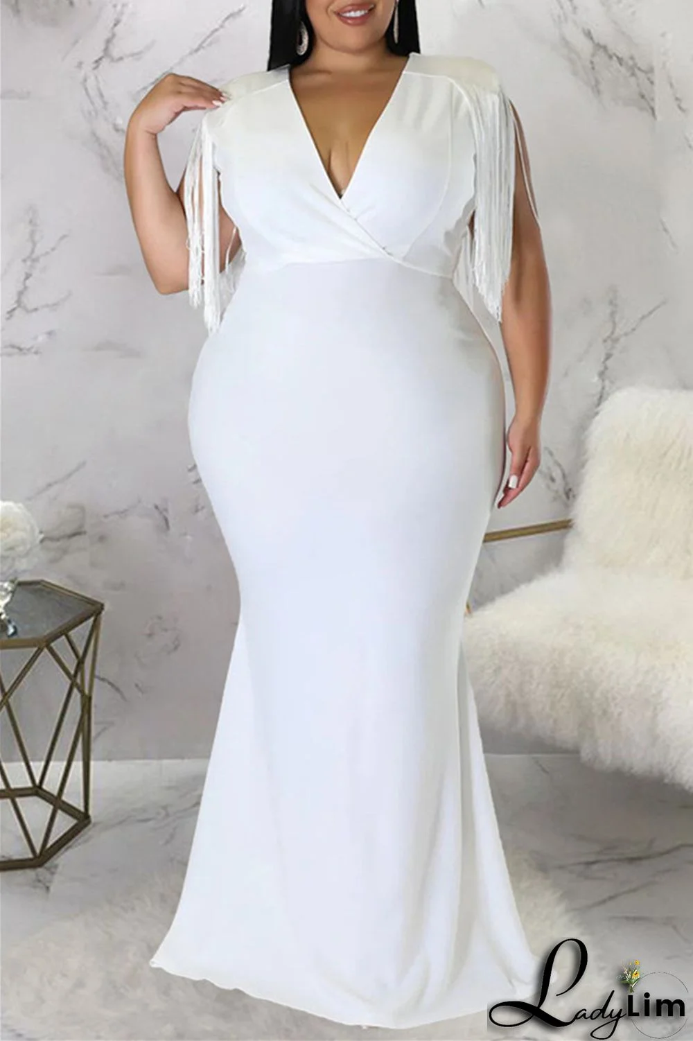 Black Fashion Casual Plus Size Solid Tassel Patchwork V Neck Long Dress