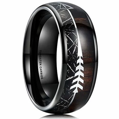 Women's Or Men's Tungsten Carbide Wedding Band Matching Rings,Black Tone Cupid's Arrow with Wood and Inspired Meteorite Inlay. Tungsten Carbide Domed Top Ring With Mens And Womens Rings For 4MM 6MM 8MM 10MM