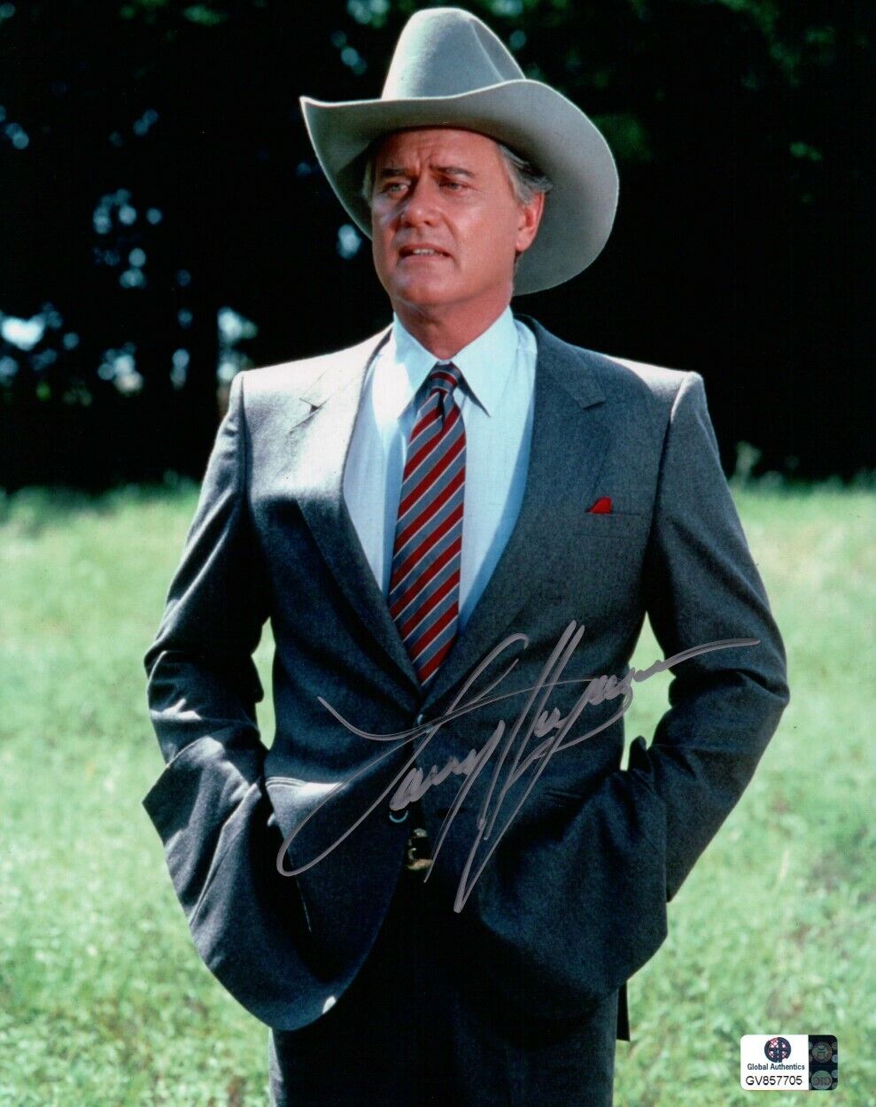 Larry Hagman Signed Autographed 8X10 Photo Poster painting Dallas J.R. Ewing Gray Suit GA