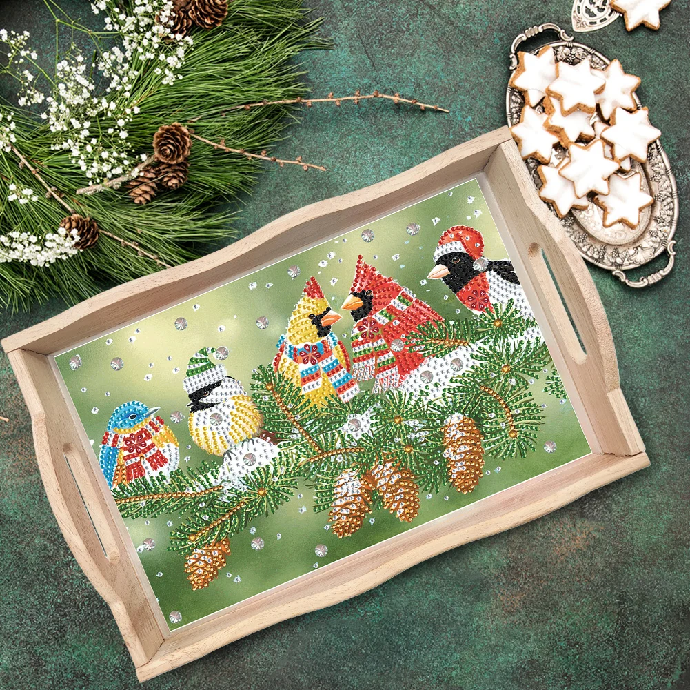 DIY Christmas Cardinal Diamond Painting Wooden Serving Tray Home Decoration