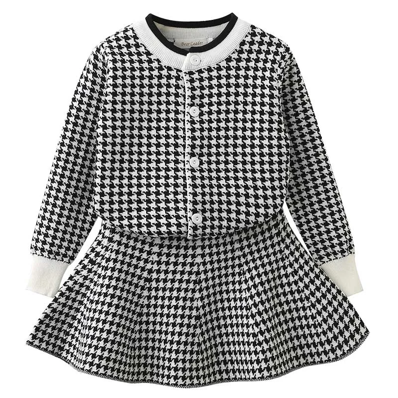 Bear Leader Girls Sets 2022 New Spring Pink Houndstooth Knitted Suits Long Sleeve Plaid Sweater+Skit 2Pcs Kids Suits For 3-7Y