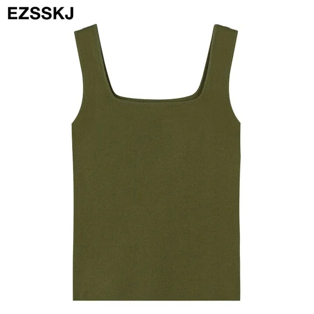 high quality chic basic U-NECK Summer white knit Women tank top sexy sleeveless t-shirt  vintage top casual crop top t shirt